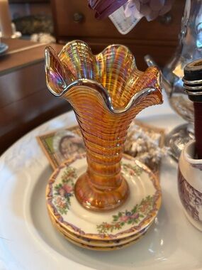 Antique Imperial Carnival Glass Marigold Swung Vase Ripple Pattern